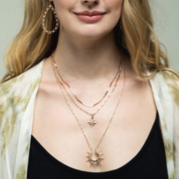 Gold Tone Multi Layer Starburst Pendant Necklace - Picture 6 of 8